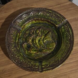 Vintage Green Drip Glaze Ship Ashtray Nautical Pottery